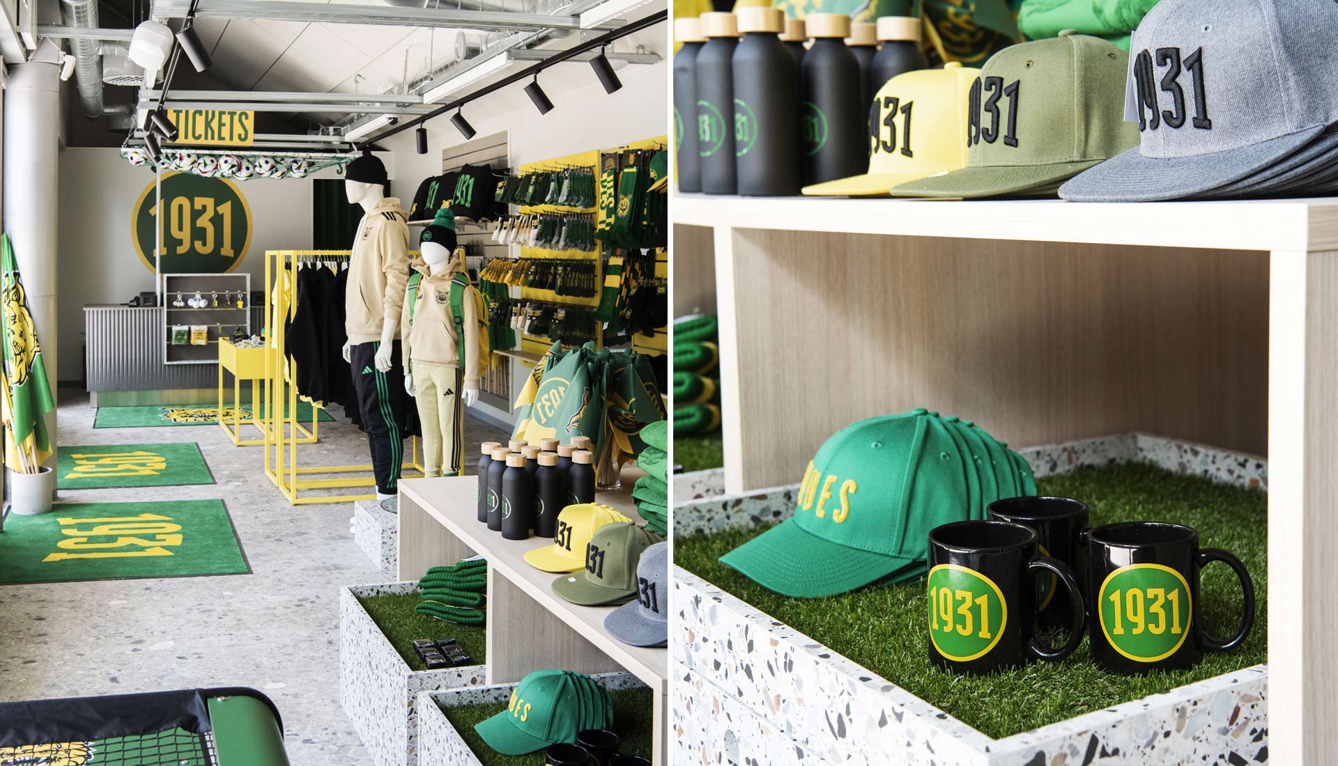Ilveksen fanituotteet ovat hyvin esillä Tammelan stadionin kannattajakaupassa.