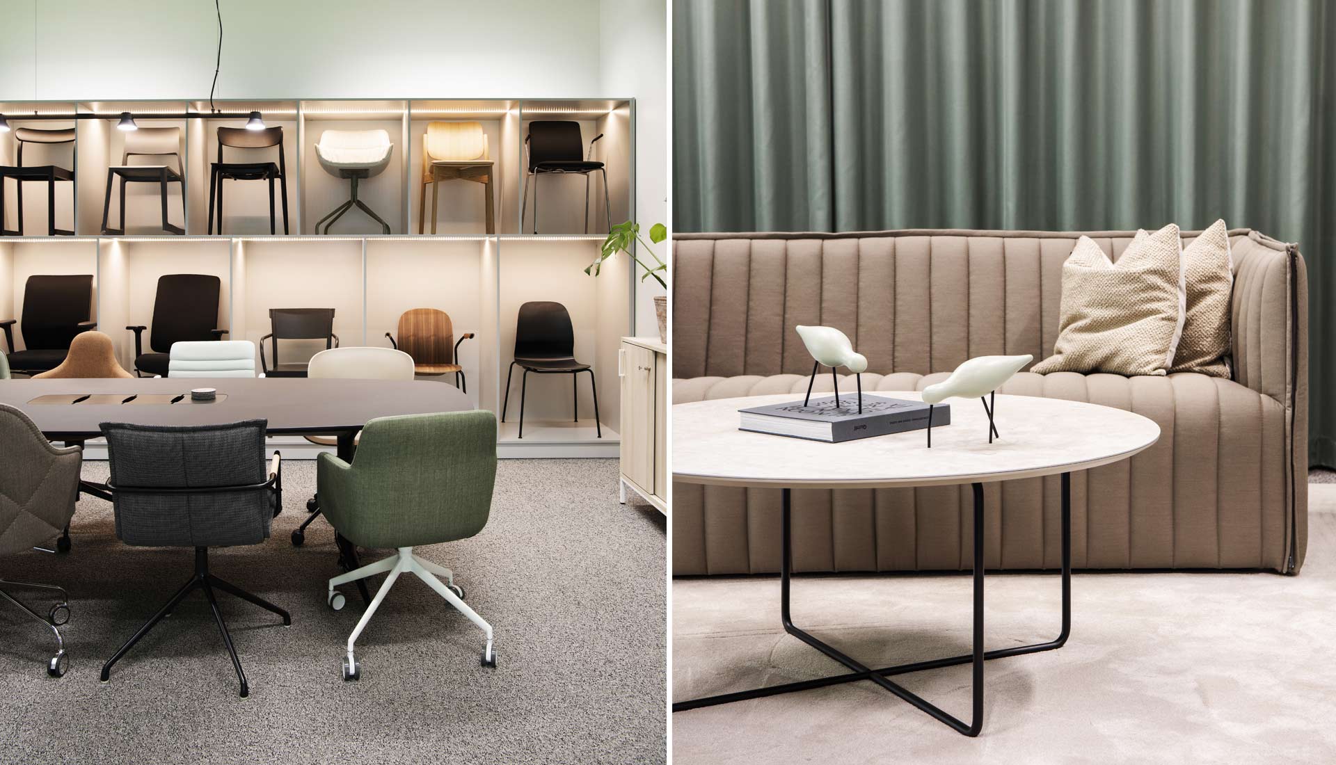 Vepsäläisen yritysmyynnin showroomilla on esillä paljon erilaisia tuoleja.
