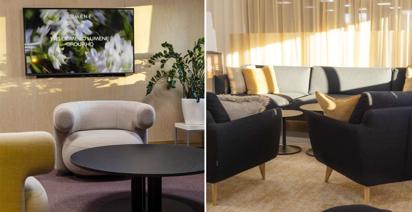 Vasemmalla puolella n&auml;kyy beige nojatuoli ja py&ouml;re&auml; musta p&ouml;yt&auml;. Oikealla puolella on viihtyis&auml; lounge-tila, jossa on tummanharmaat sohvat, koristetyynyj&auml; sek&auml; pieni&auml; py&ouml;reit&auml; p&ouml;yti&auml;. Molemmissa tiloissa on moderni ja rento sisustus, ja valo tulvii tiloihin vaaleiden verhojen l&auml;pi.