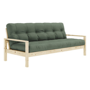 Knob Futon Sofa, Olive Green / Pine, W 205 cm