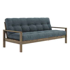 Knob Futon Sofa, Corduroy Fabric Pale Blue / Carob Brown, W 205 cm