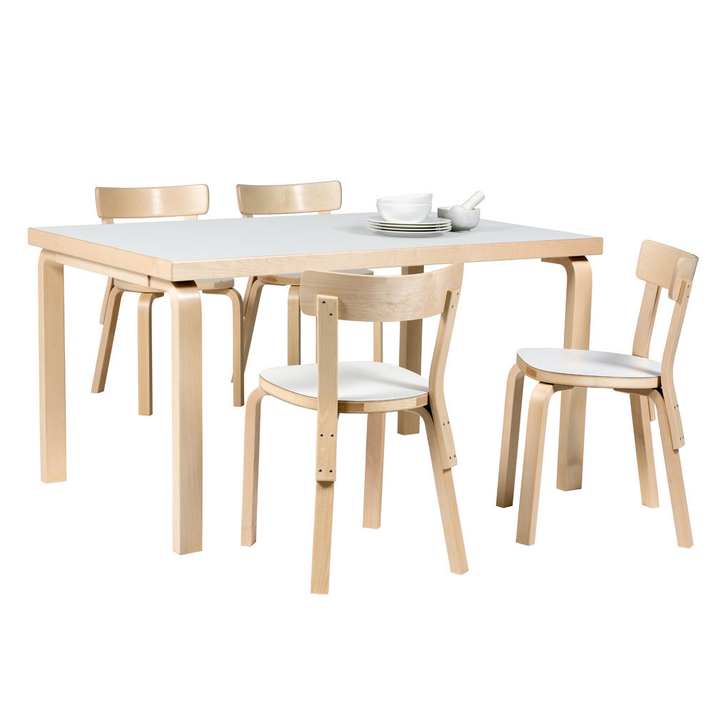 Artek 82B-pöytä ja 69-tuolit koivu/valkoinen laminaatti, 4 tuolia