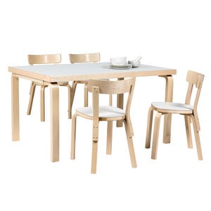 82B-pöytä ja 69-tuolit, koivu/valkoinen laminaatti, 4 tuolia