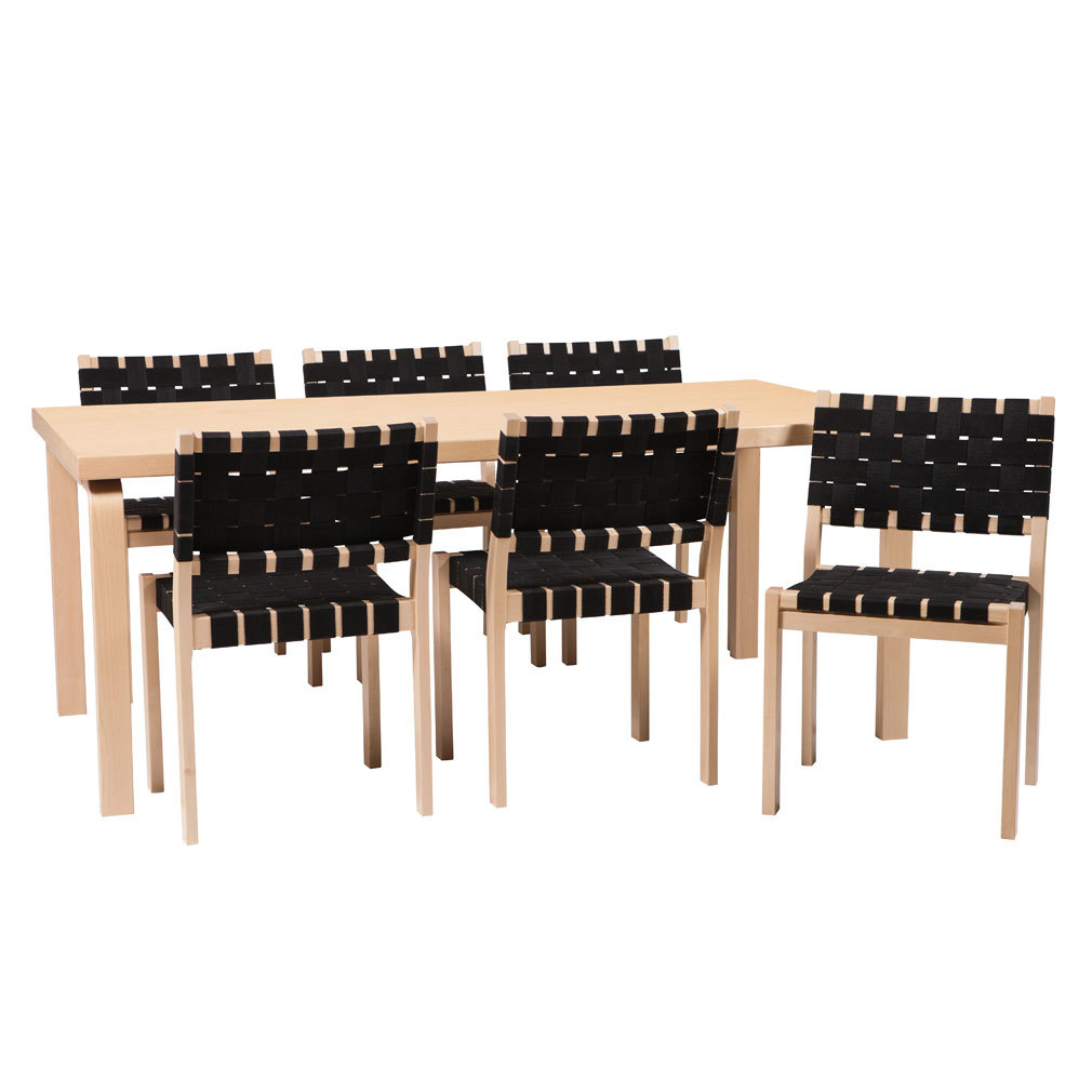 Artek 83-pöytä ja 611-tuolit koivu/musta, 6 tuolia