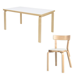 82A-pöytä ja 69-tuolit, koivu/valkoinen laminaatti, 4 tuolia