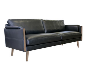 Limone Sofa, Black Semi-Aniline Leather/Oak, W 203 cm
