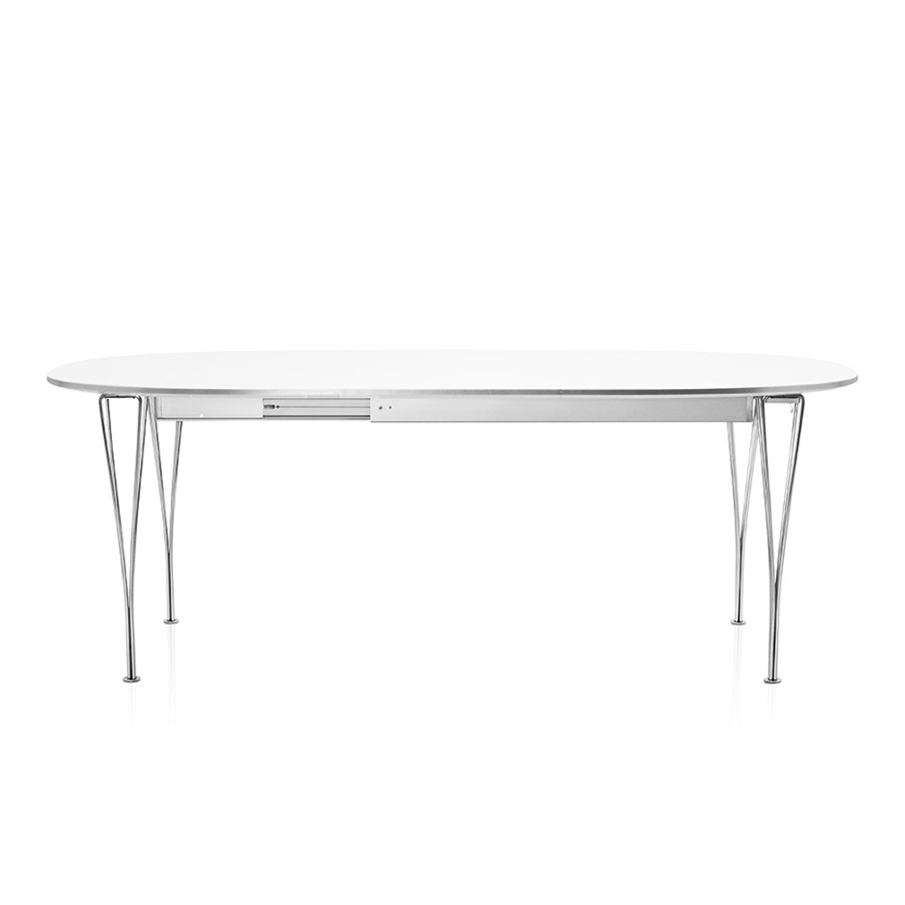 Fritz Hansen Extendable Dining Table B619, “Superellipse” White/Chrome, 120 x 180/300 cm