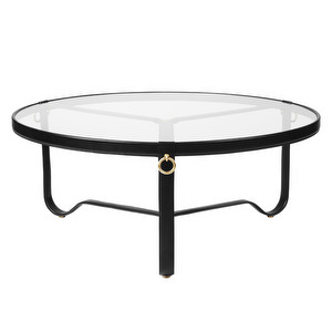 Adnet Coffee Table, Black Leather / Glass, ⌀ 100 cm