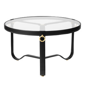 Adnet Coffee Table, Black Leather / Glass, ⌀ 70 cm