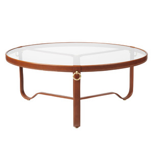 Adnet Coffee Table, Brown Leather / Glass, ⌀ 100 cm