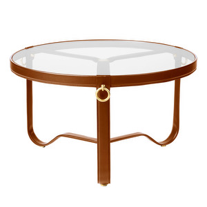 Adnet Coffee Table, Brown Leather / Glass, ⌀ 70 cm
