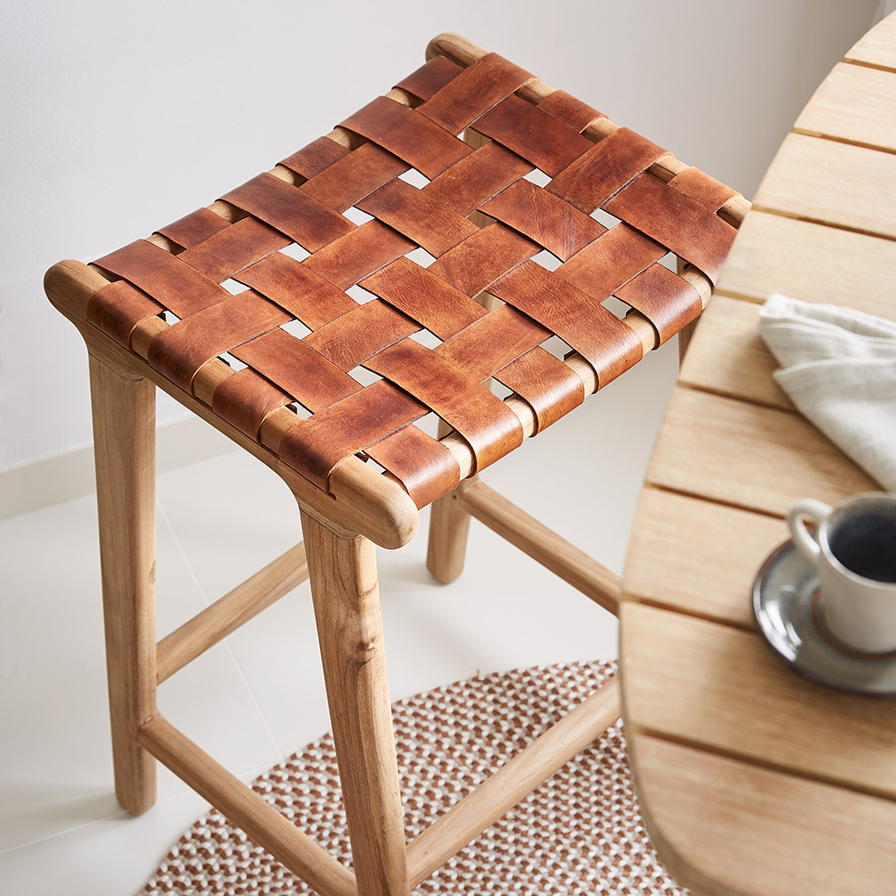 Maland woven leather bar top stool