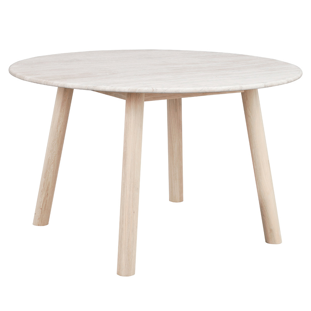 Rowico Taransay-ruokapöytä valkolakattu tammi/beige travertiini, Ø 125 cm