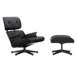 Eames Lounge -nojatuoli ja rahi, musta saarni/Premium F -nahka 66 nero